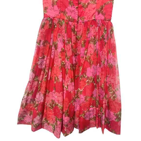 Vintage 1950s Sleeveless Red Pink Floral Swing Dress - Picture 3 of 15